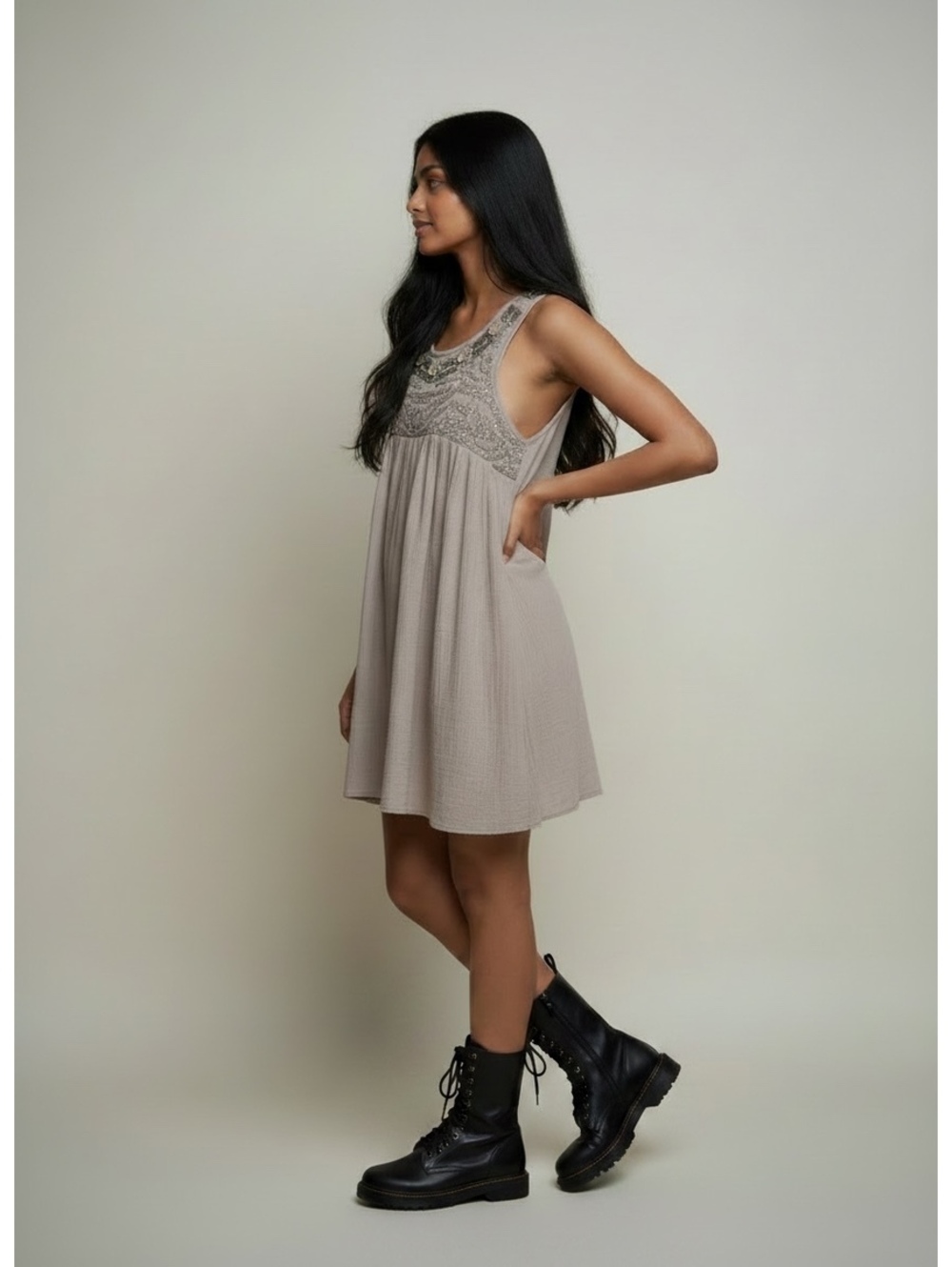 Anthropologie Taupe Embellished by Sleeveless Dress Size 8